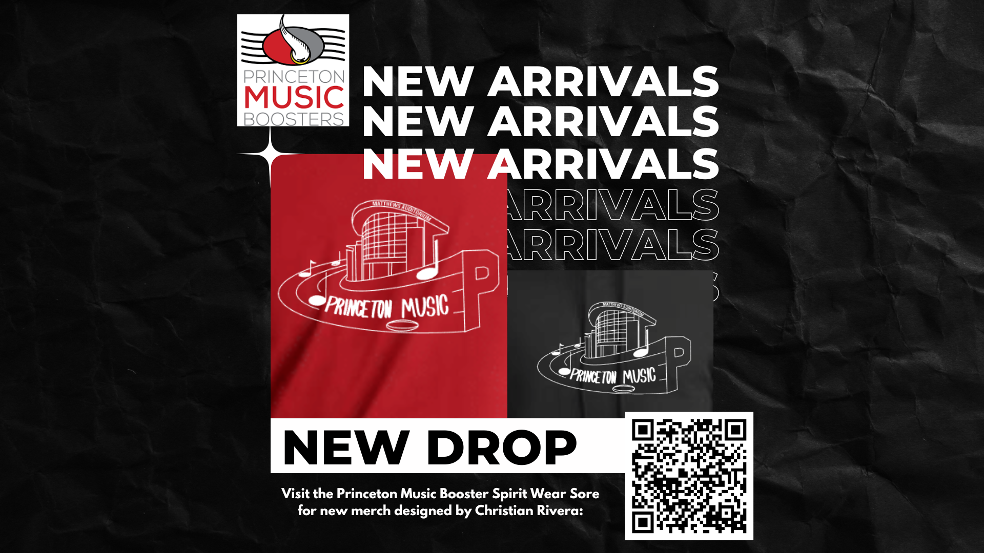 new arrivals spirit wear store image of design on a red shirt and black hoodie, princeton music booster logo and QR Code for ordering