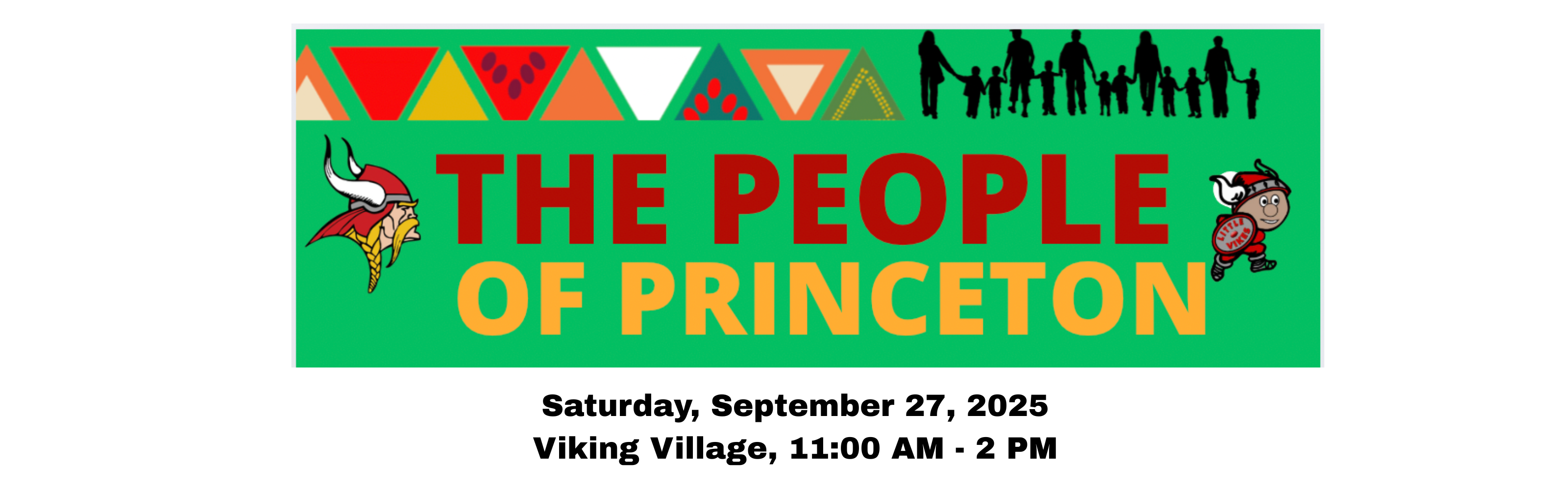 The People of Princeton lettering on green background wtih viking head and little vike logos