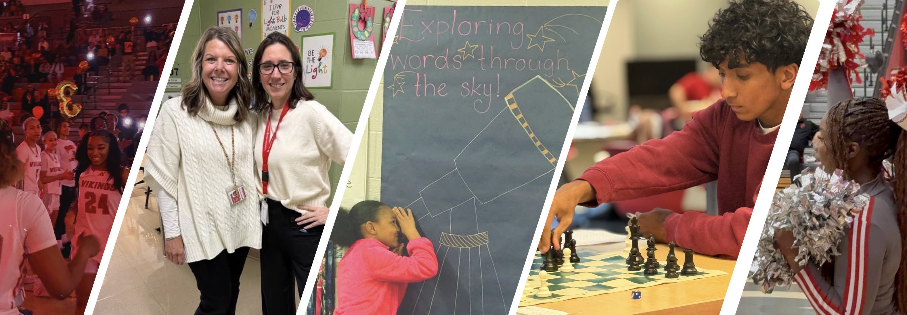 Five-photo collage featuring children and an adult smiling in school and outdoor settings, including classroom activities and winter sports.