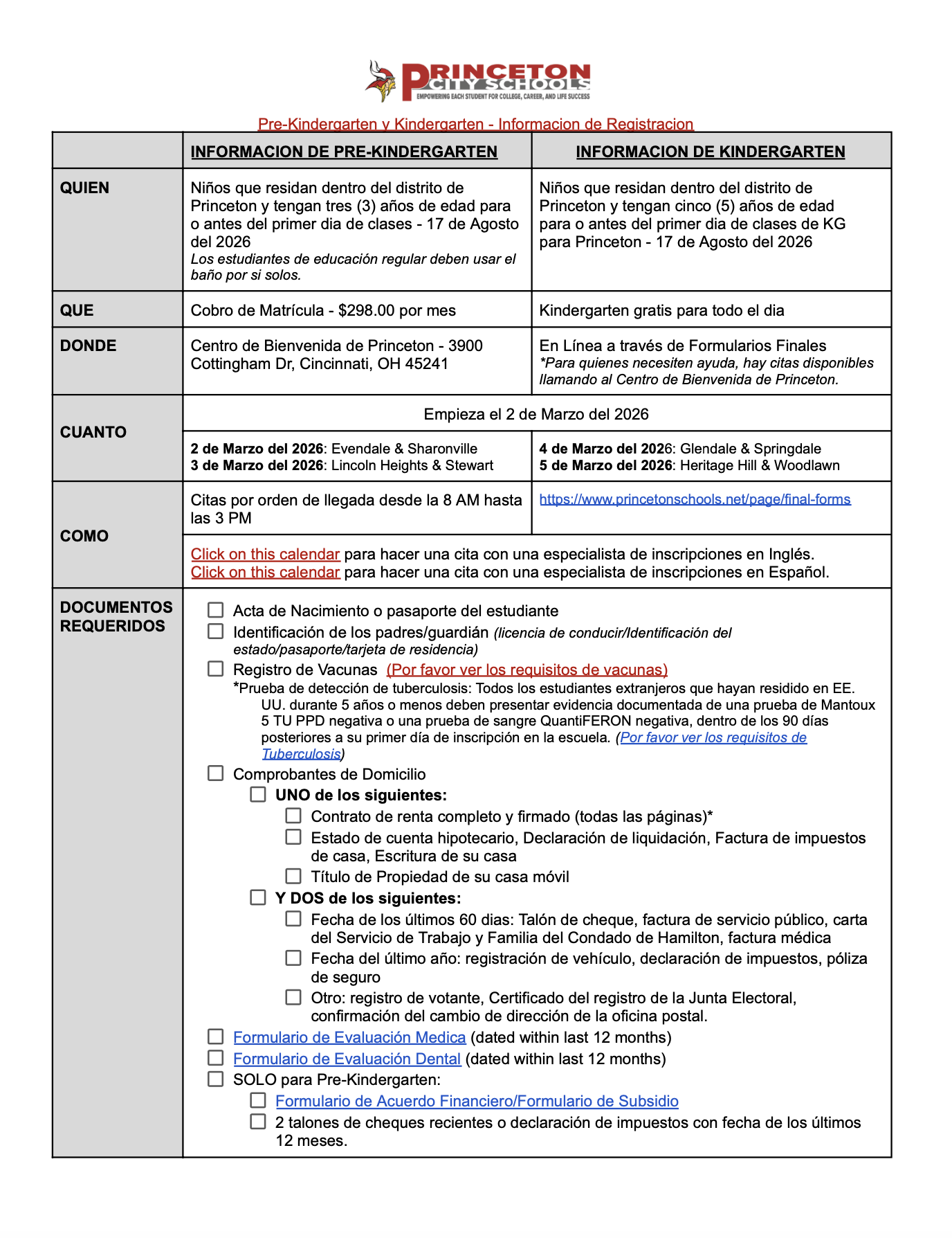 Inscripción a PreK y Kindergarten de un vistazo en español