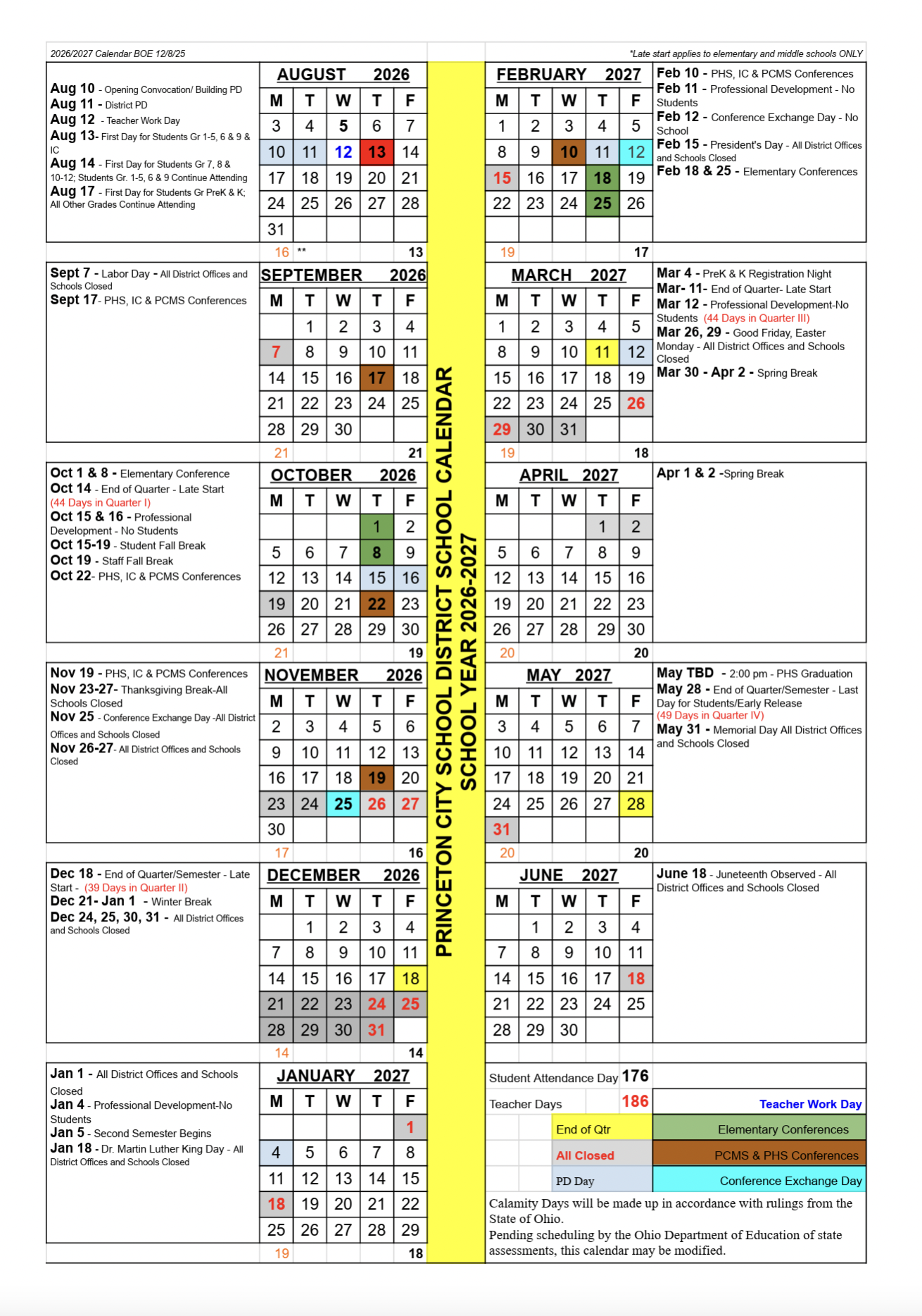 School Year Calendar | Princeton City Schools