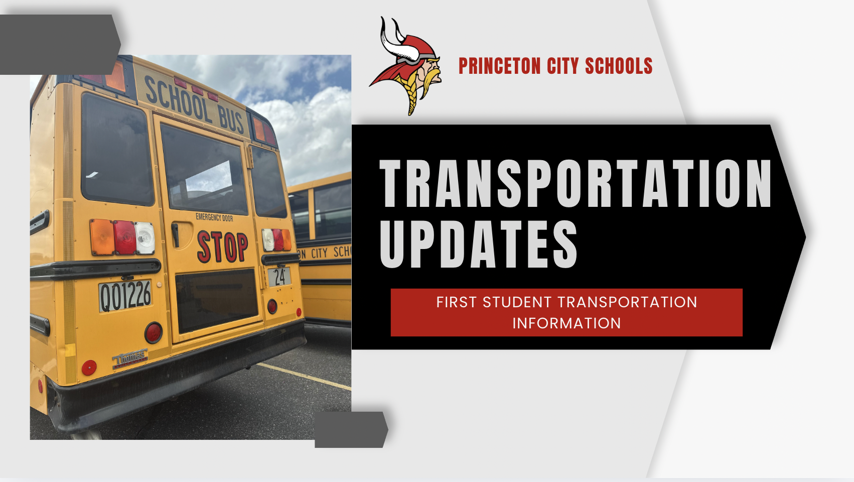 Back of school bus with Transportation Updates in a black graphic, Princeton City Schools