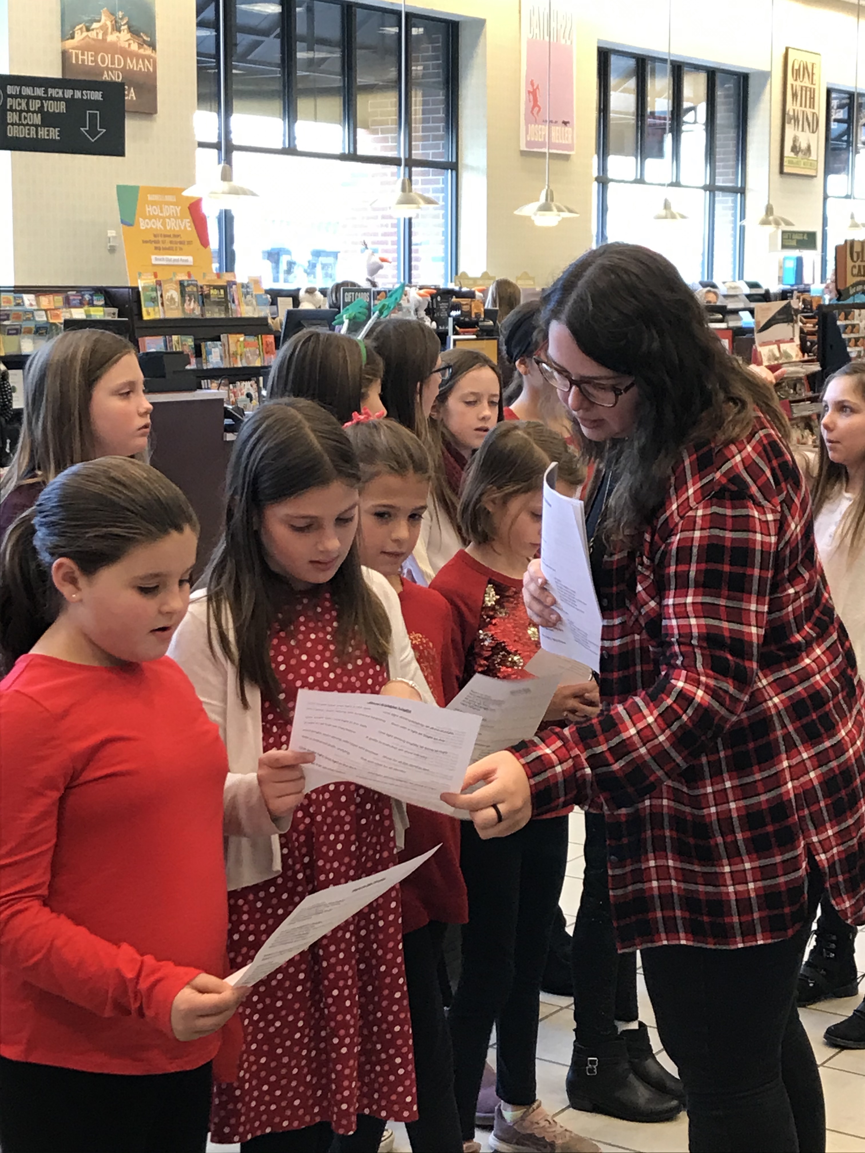 BES chorus members preparing to perform at a PTO fundraiser in a local Barnes & Noble store