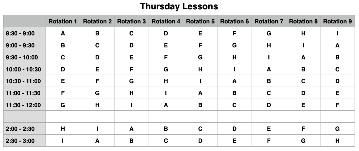 2023-24 Lesson Rotation Schedule (Thursdays)