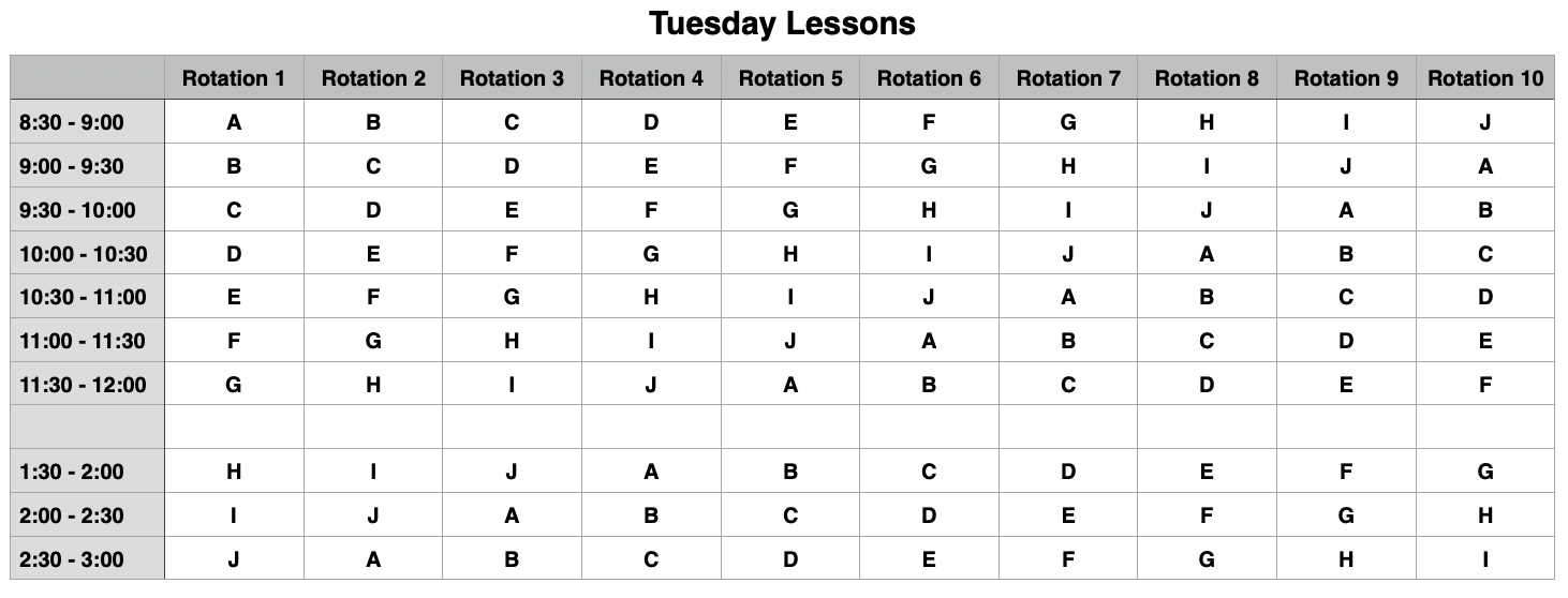 2023-24 Lesson Rotation Schedule (Tuesdays)
