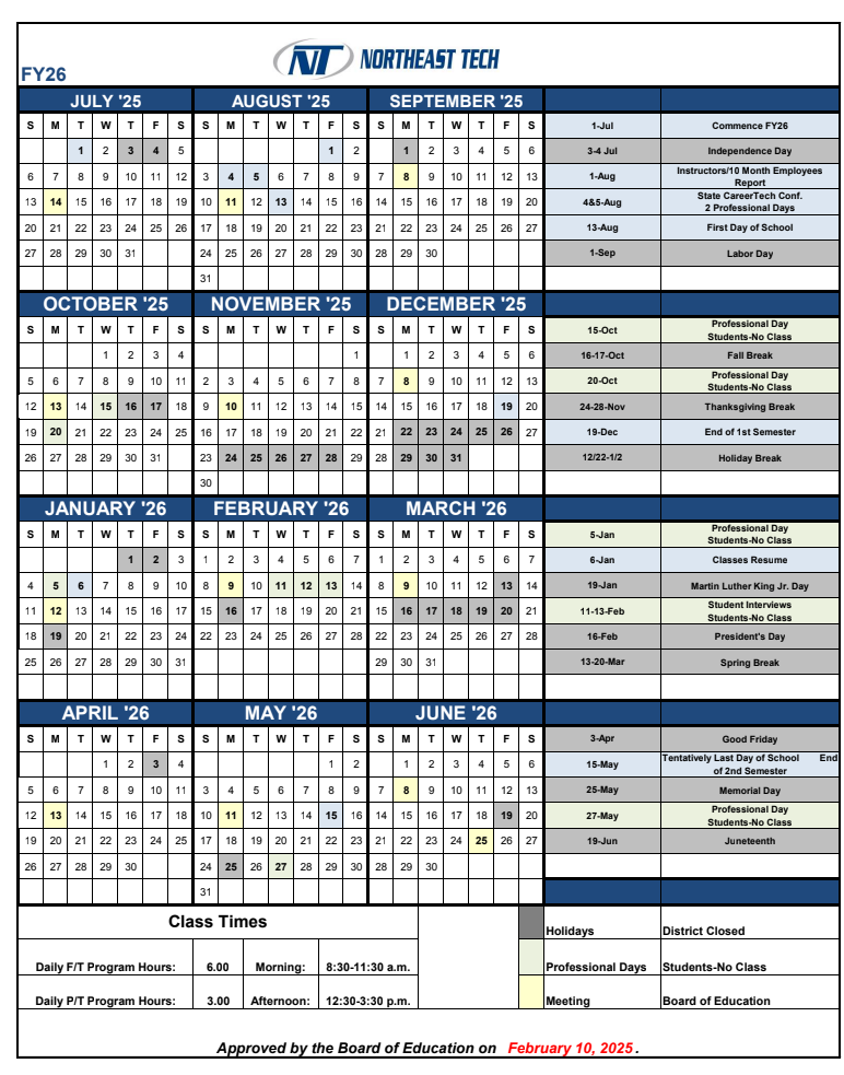 Northeast Tech 25/26 Calendar