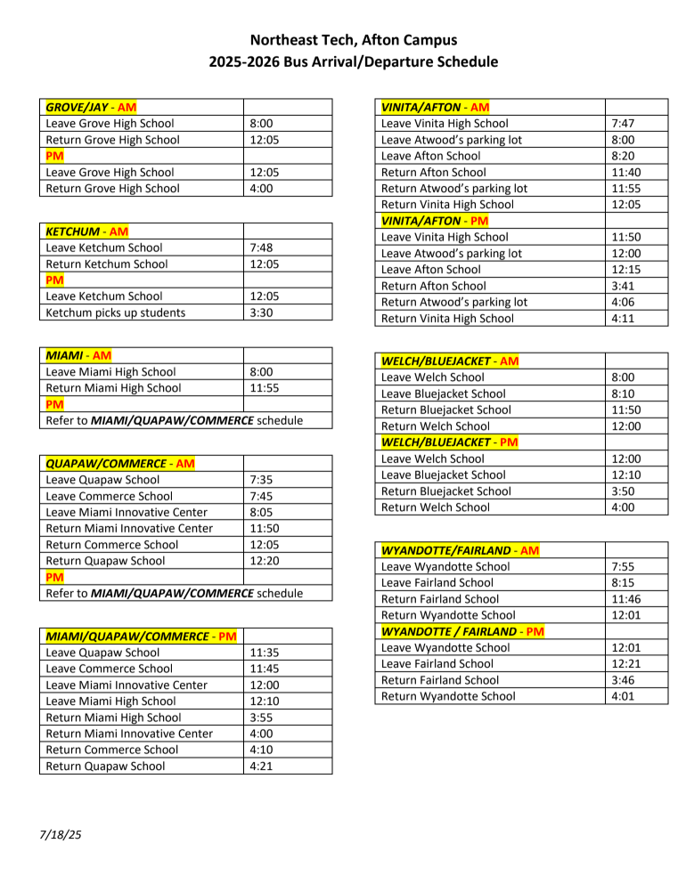 Northeast Tech Bus Schedule