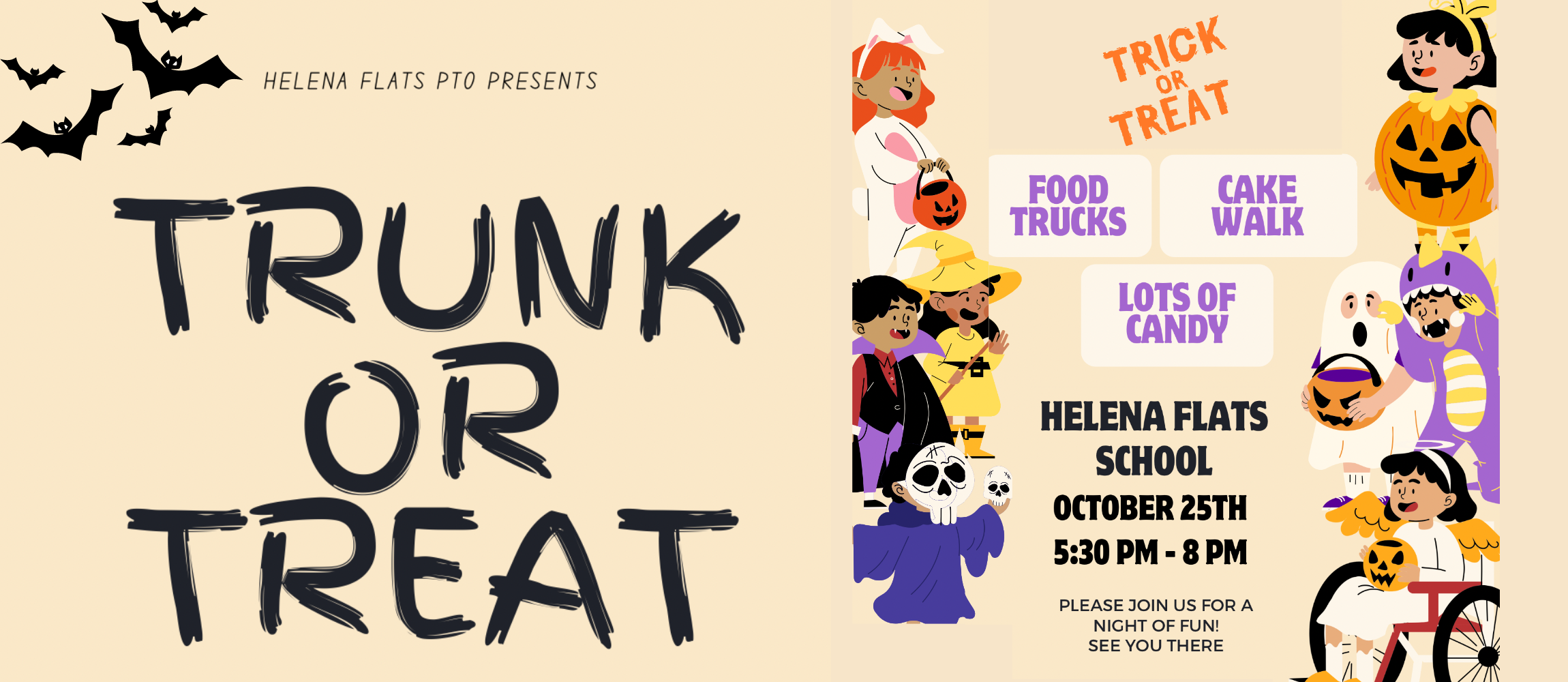 Trunk or treat food trucks, cake walk, lots of candy, helena flats school october 25th 5:30pm to 8 pm please join us for a night of fun 