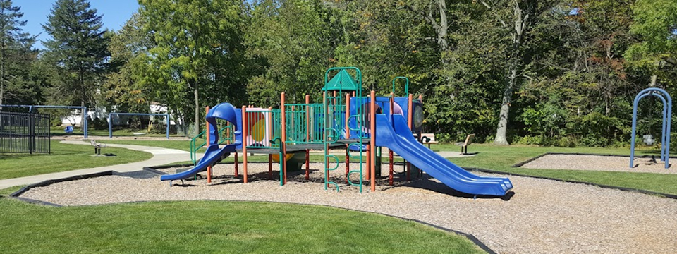 green & orange playground set with 2 blue slides in a mulch bed with black border