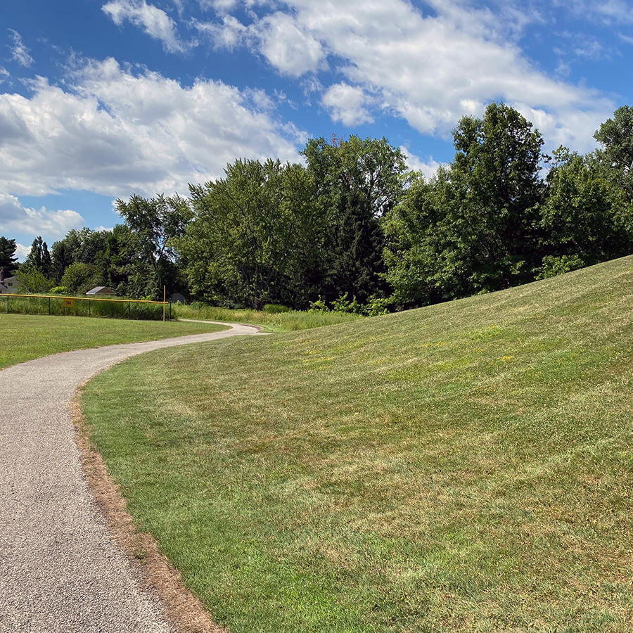 grass hill along asphalt path with trees in background