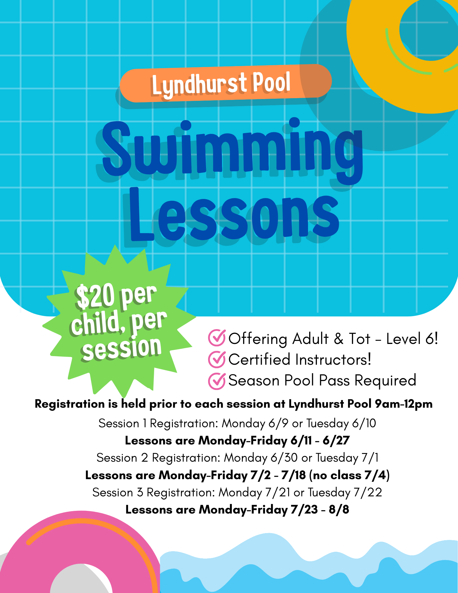 Learn to swim flyer with dates & times
