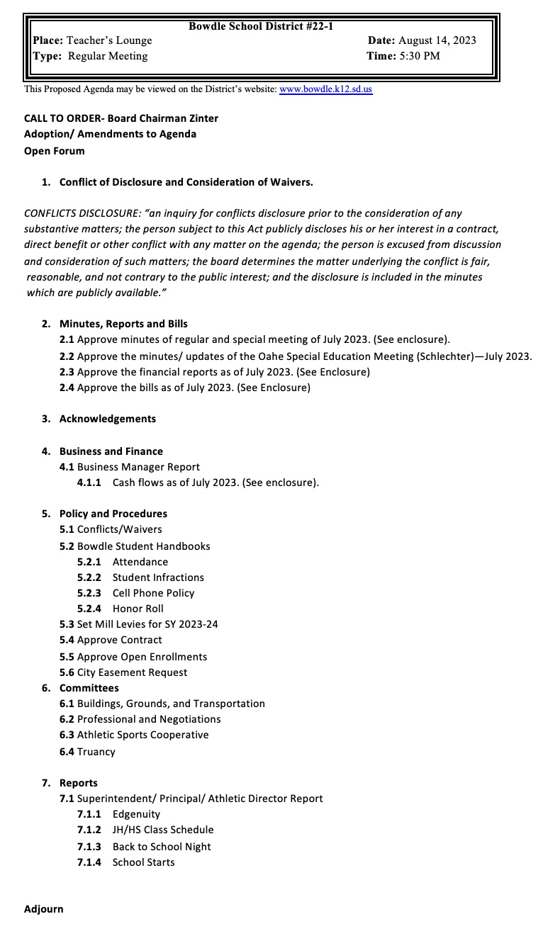Board of Education Bowdle School District
