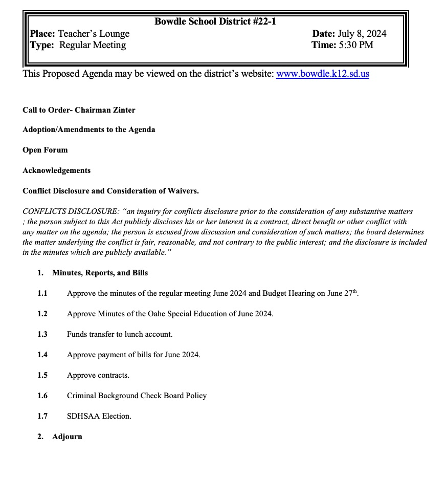 Board of Education Bowdle School District