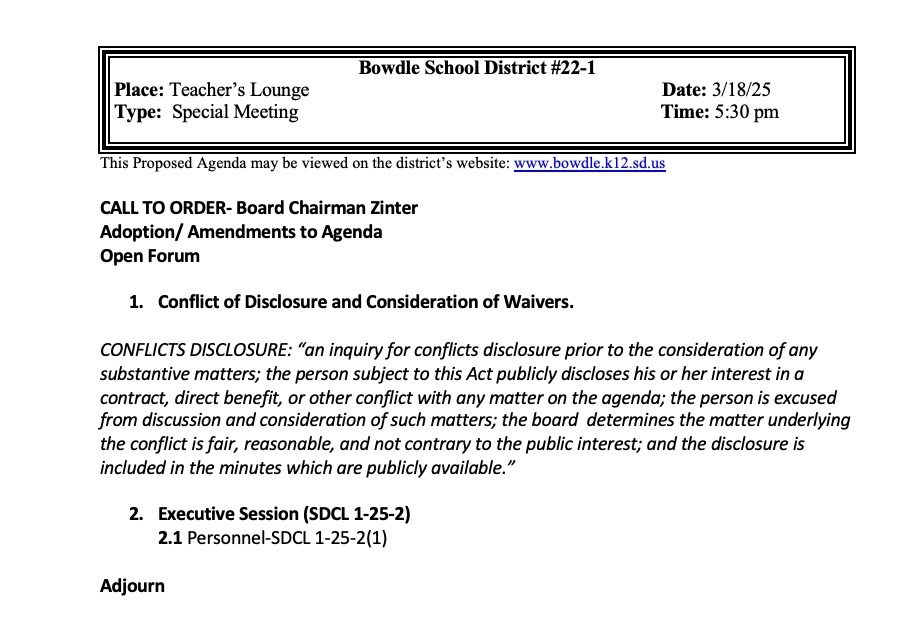 March Special Board Meeting Agenda