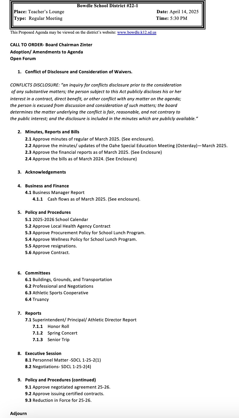 April Board Meeting Agenda