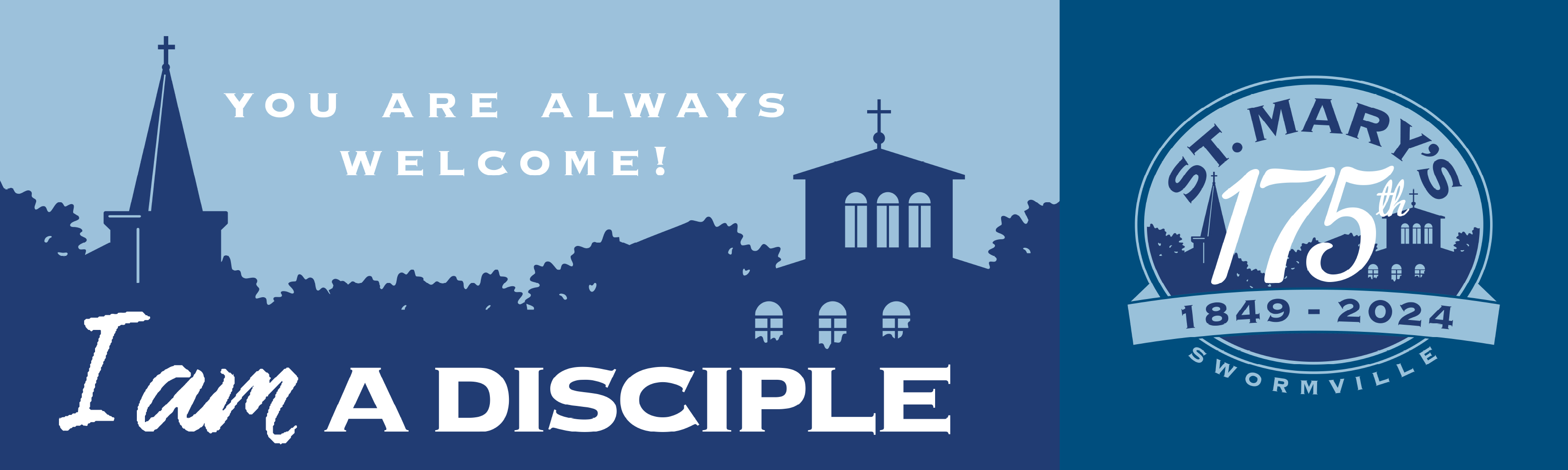 "I am a disciple" on blue building artwork of churches