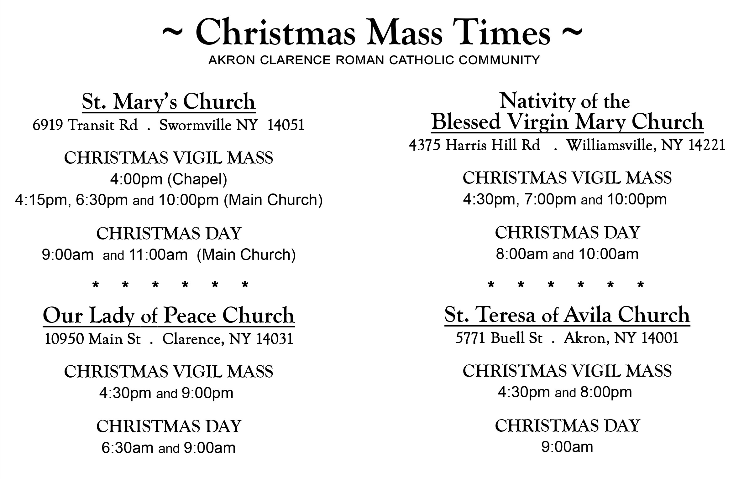 Mass Times / Confession / Devotions St Mary's Church, Swormville