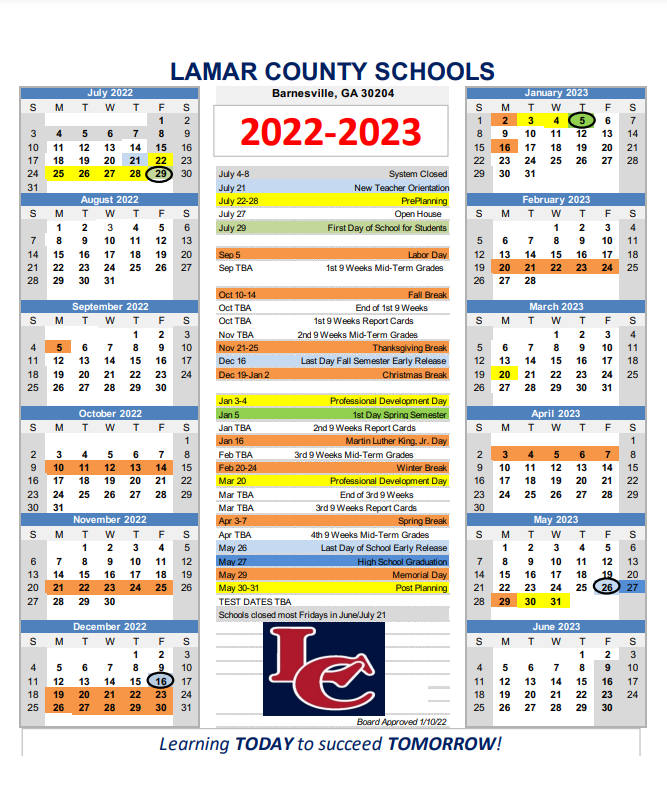 School Calendar Lamar County Elementary School