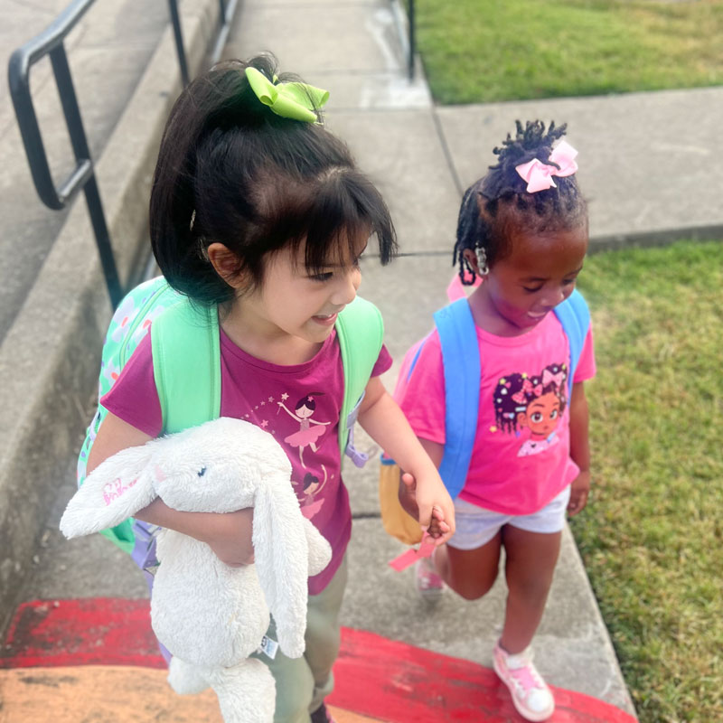 two female students walking hand in hand