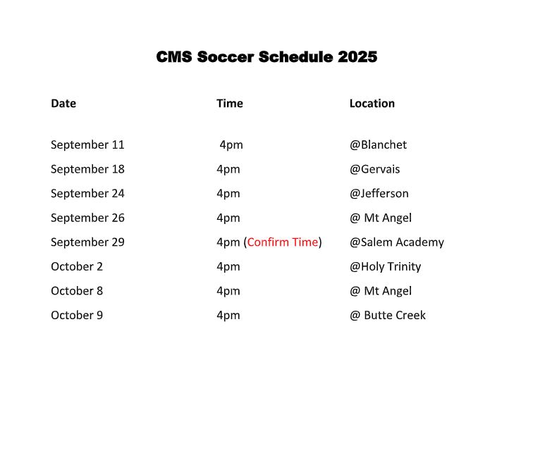 CMS Soccer Club Schedule 25
