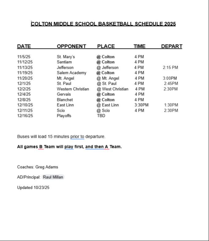 CMS Girls Basketball Schedule 2025