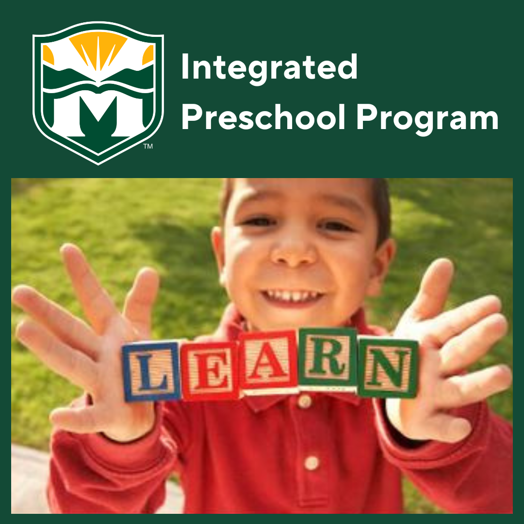 Integrated Preschool Program. Montville Township Public Schools logo and image of child with blocks that spell LEARN