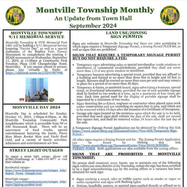 Montville Township Community Logo - Pine Brook (picture of pines), Montville (picture of an owl), Towaco (picture of a Native American). 1867 on the Montville Township Monthly Newsletter