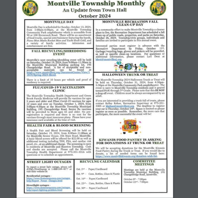 Montville Township Community Logo - Pine Brook (picture of pines), Montville (picture of an owl), Towaco (picture of a Native American). 1867 on the Montville Township Monthly Newsletter