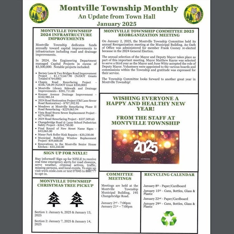 Montville Township Community Logo - Pine Brook (picture of pines), Montville (picture of an owl), Towaco (picture of a Native American). 1867 on the Montville Township Monthly Newsletter