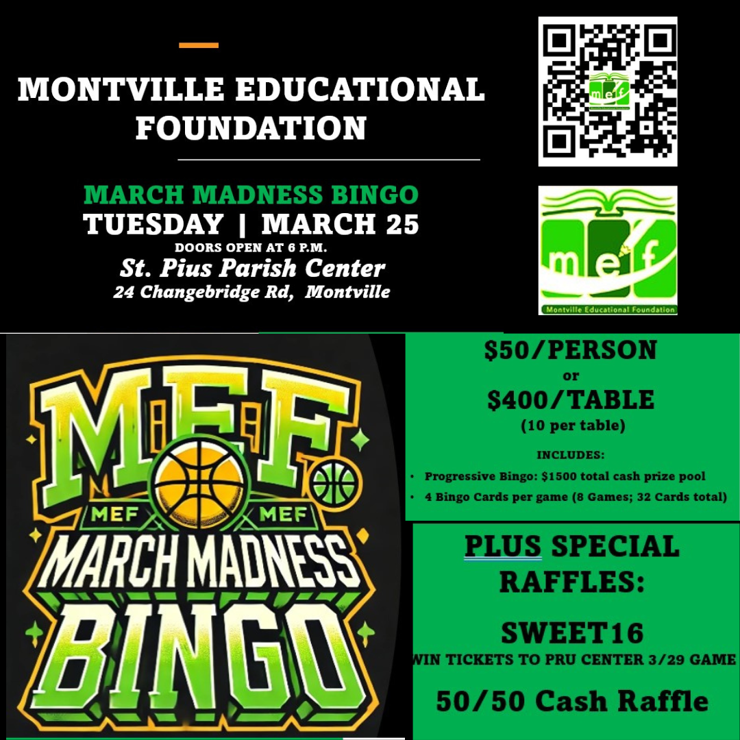 💚SAVE THE DATE! MEF MARCH MADNESS BINGO! 3/25. Progressive Bingo | Cash Prizes | 50/50 Raffles & special raffle: 2 tkts to Sweet Sixteen Game at the Pru. REGISTRATION INFO COMING SOON 💚 MEF supports educational initiatives in Montville Twp. Public Schools. #MontvilleEducationalFoundation / #MEF / #MontvilleEduca1 !!!