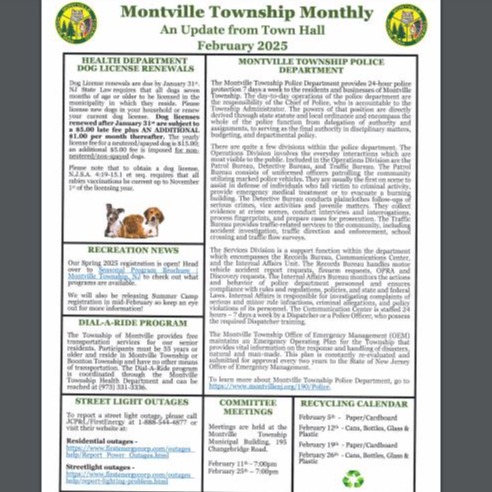 Montville Township Community Logo - Pine Brook (picture of pines), Montville (picture of an owl), Towaco (picture of a Native American). 1867 on the Montville Township Monthly Newsletter