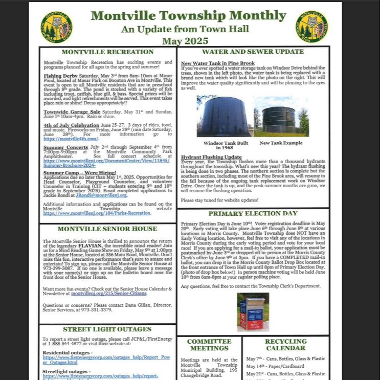 Montville Township Community Logo - Pine Brook (picture of pines), Montville (picture of an owl), Towaco (picture of a Native American). 1867 on the Montville Township Monthly Newsletter
