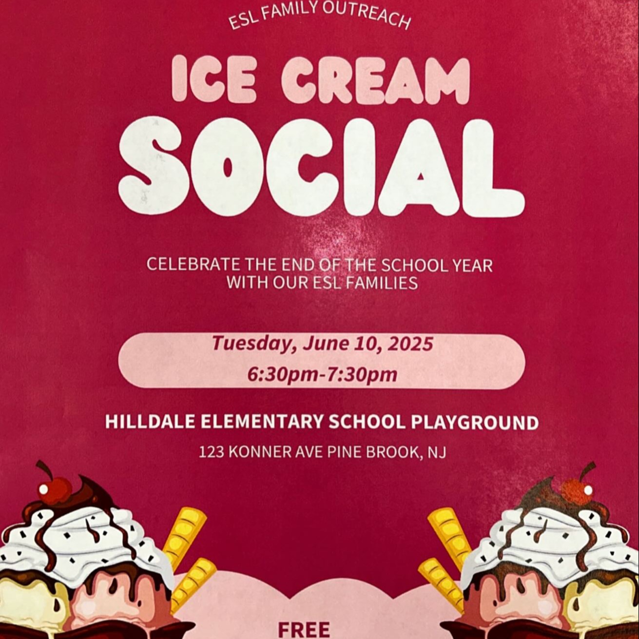 TONIGHT! Dear District ESL Families, Please join us for a FREE Ice Cream Social at #Hilldale! All current ESL students & their families are invited - Tuesday June 10 from 6:30-7:30PM! Come celebrate another GREAT School year! #eslfamilyoutreach! #EducateInspireEmpower! See eslfamilyoutreach Instagram for ESL Family News: https://www.instagram.com/p/DKNcHlaxRGQPaYRSULOBfDiJRy8nbSIclUfJxg0/
