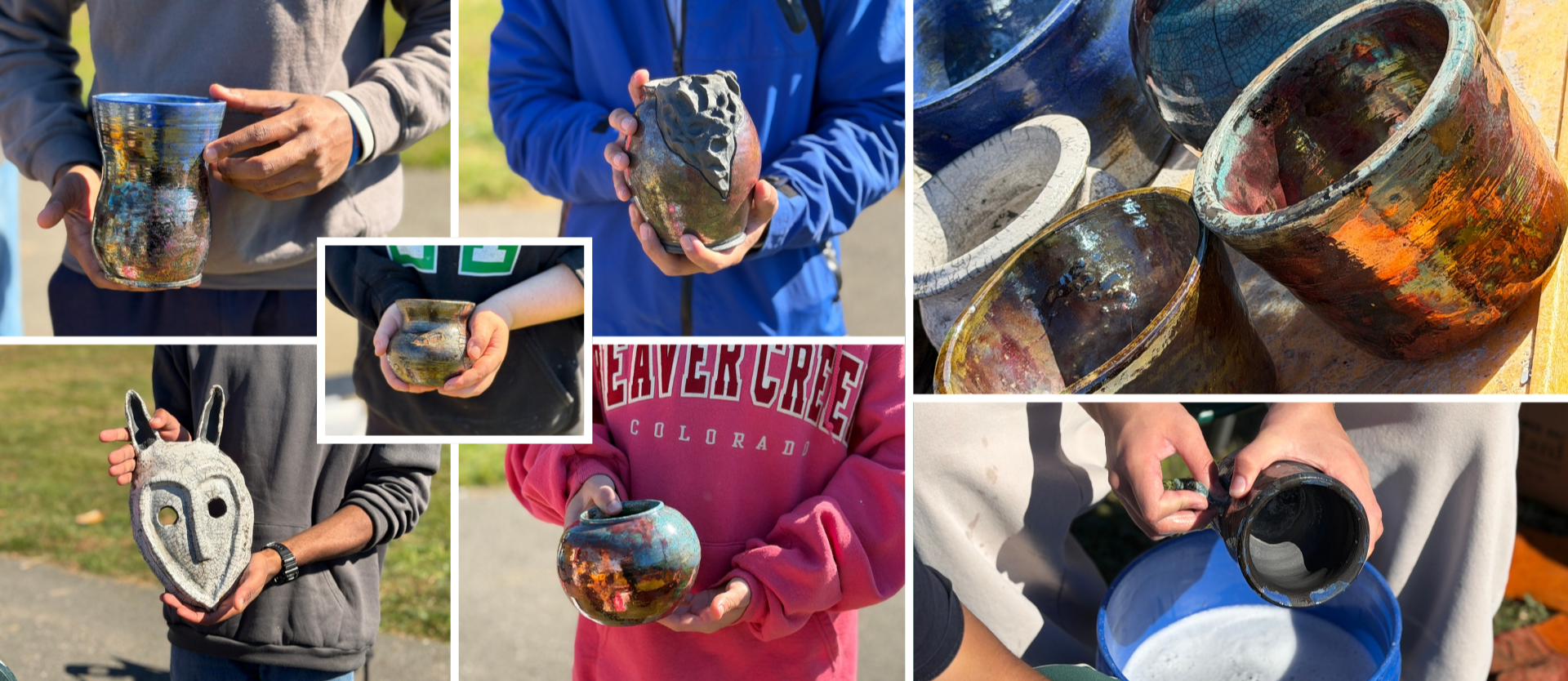 A collage of various raku-fired ceramic pieces being held in the hands of unidentified children.
