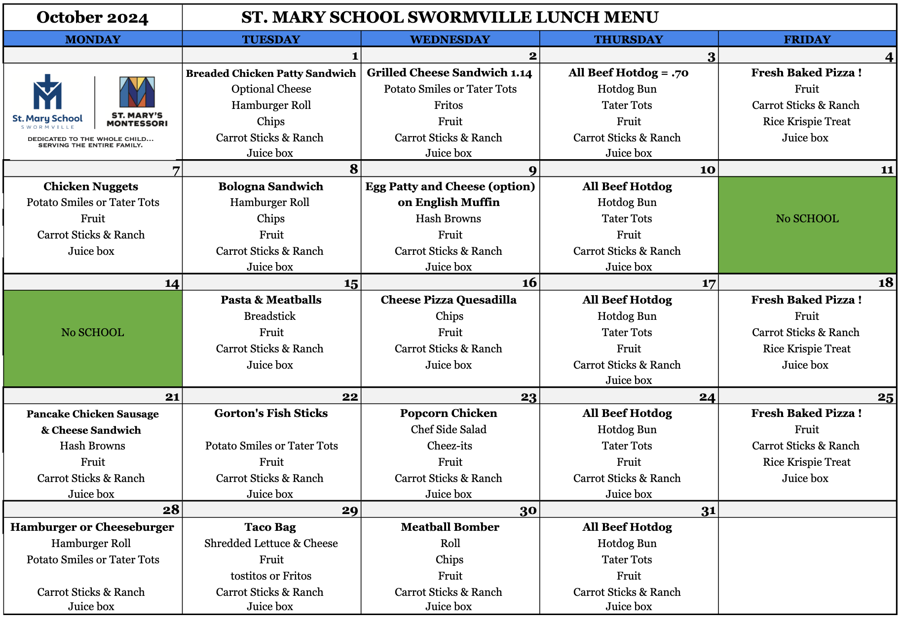 Oct. Lunch Menu