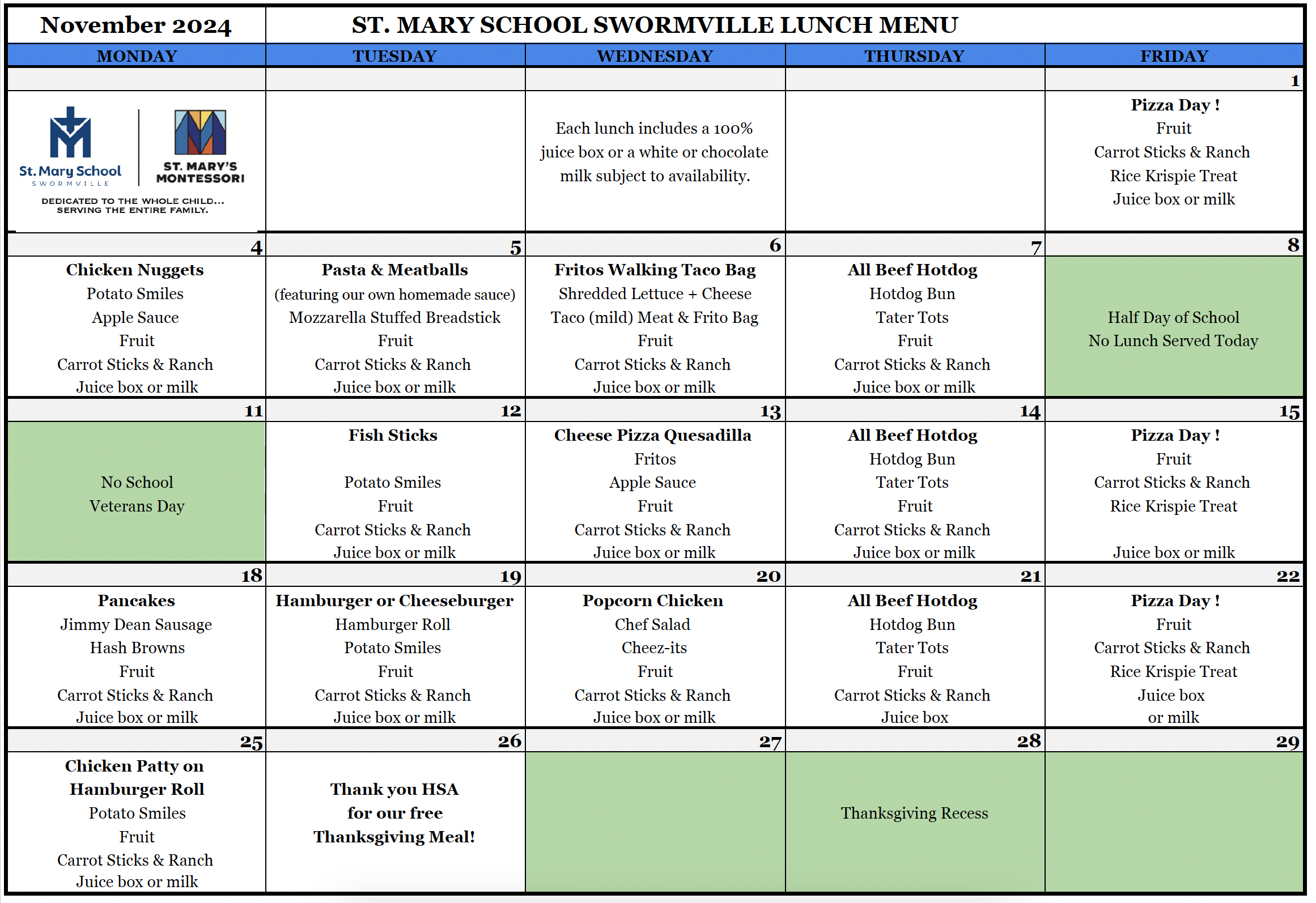 Nov. Lunch Menu