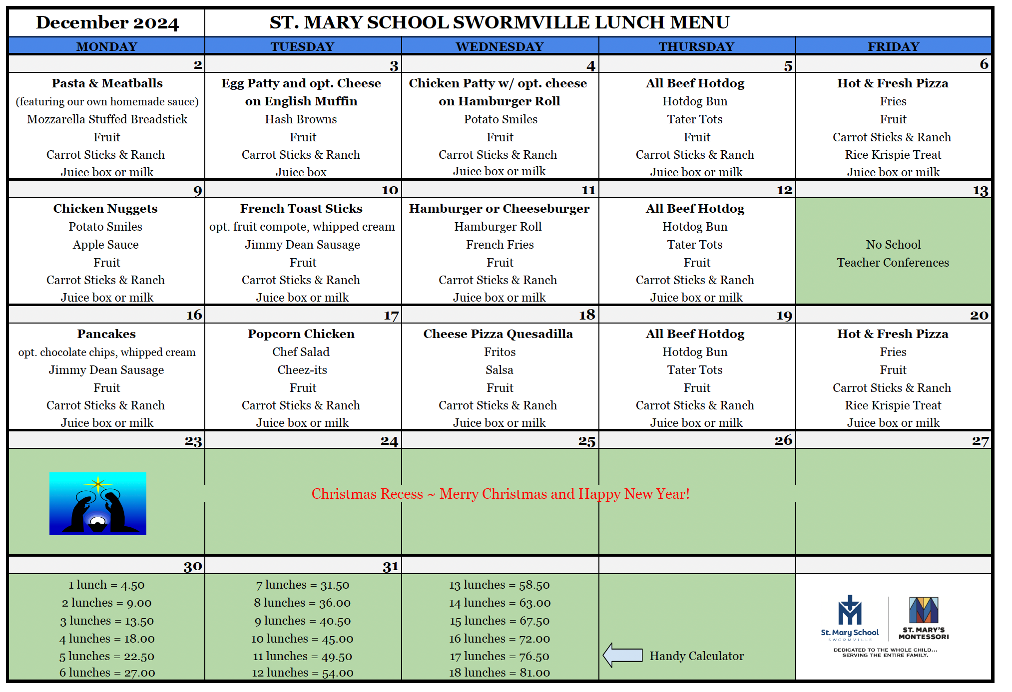 Dec. Lunch Menu