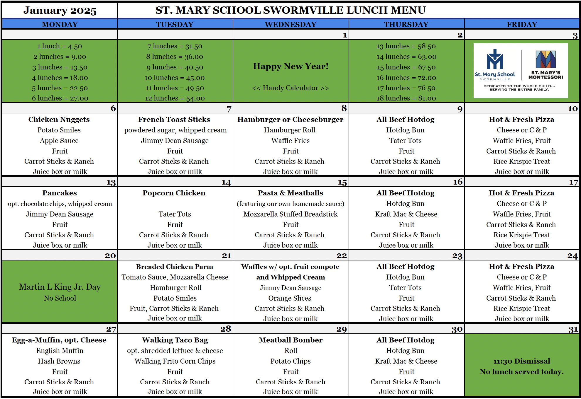 Jan. Lunch Menu