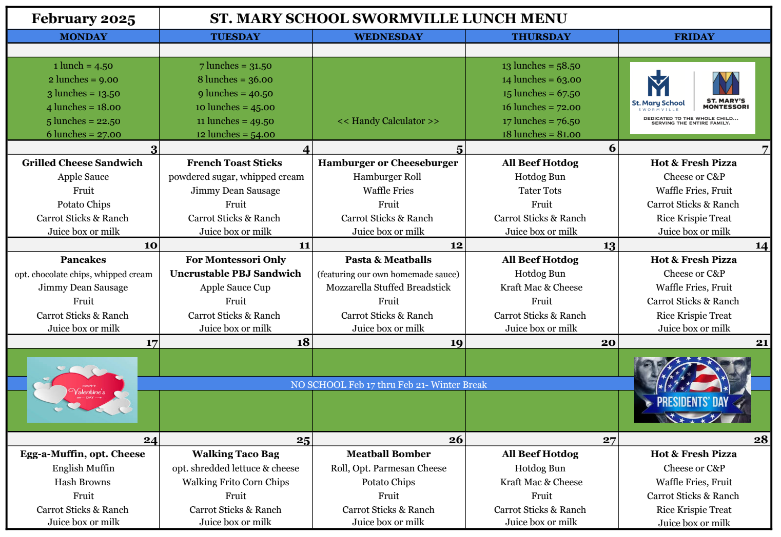 Feb. Lunch Menu