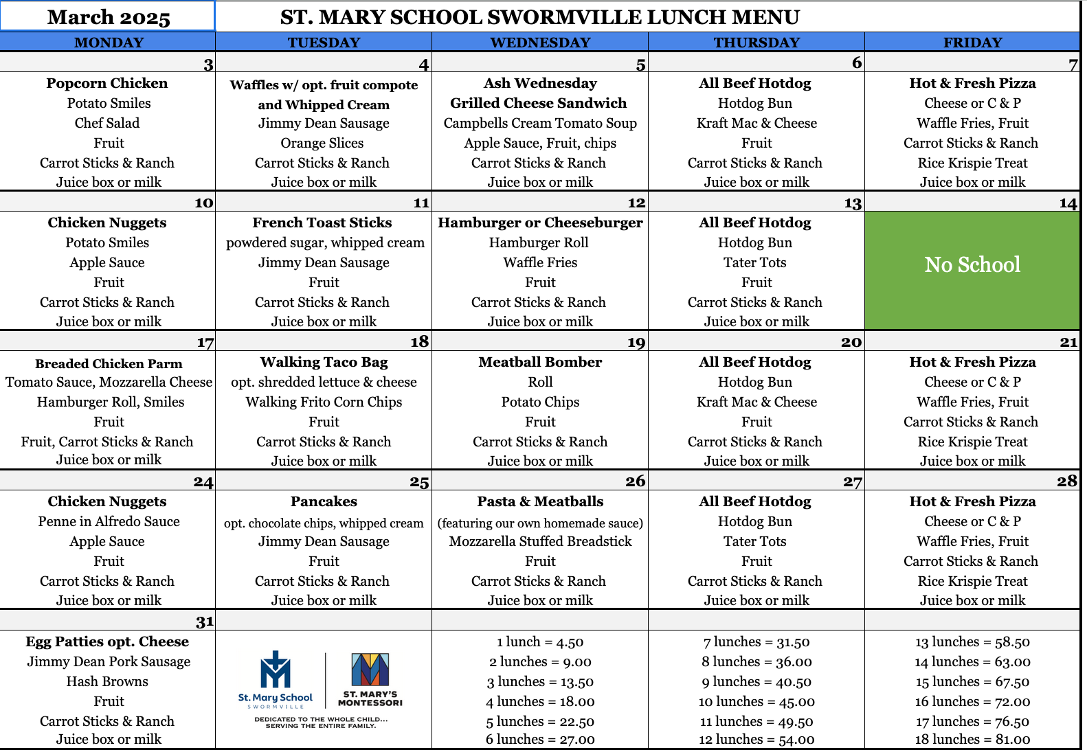 March Lunch Menu