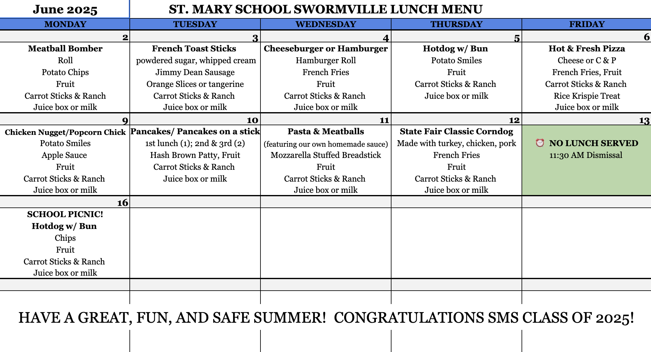 June Lunch Menu