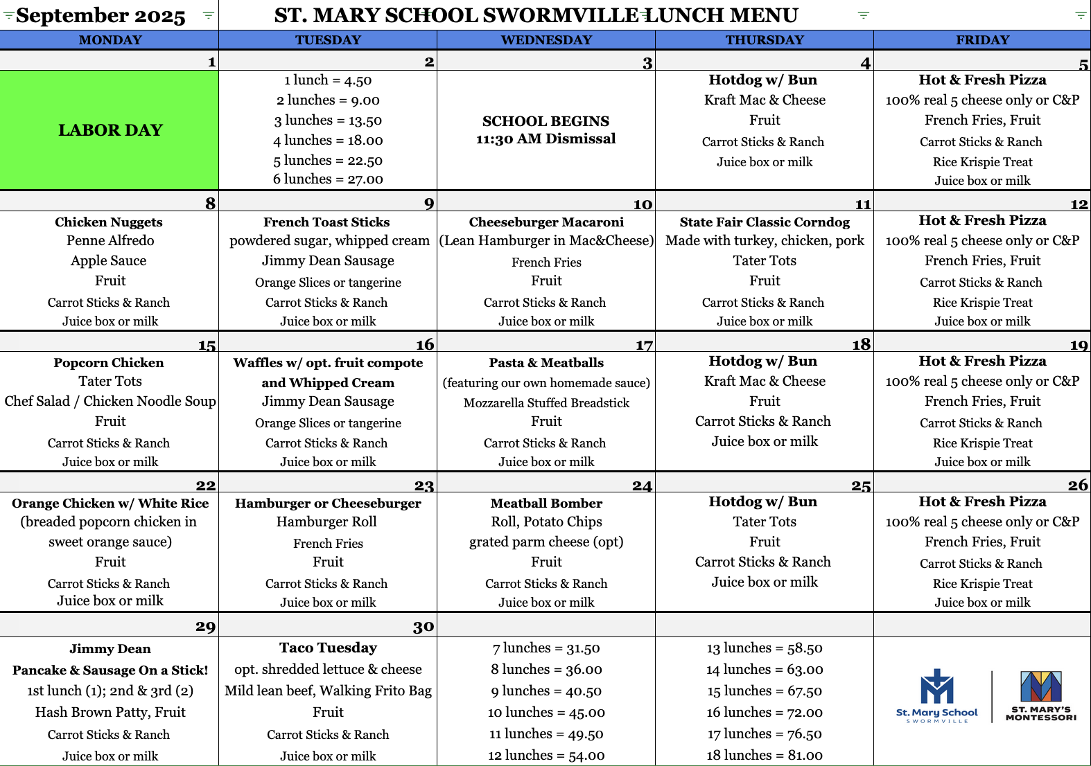 Sept Lunch Menu