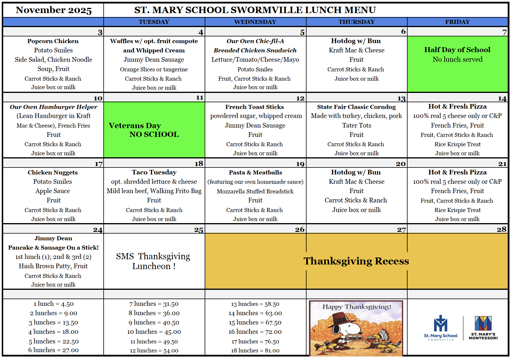 Nov. Lunch Menu