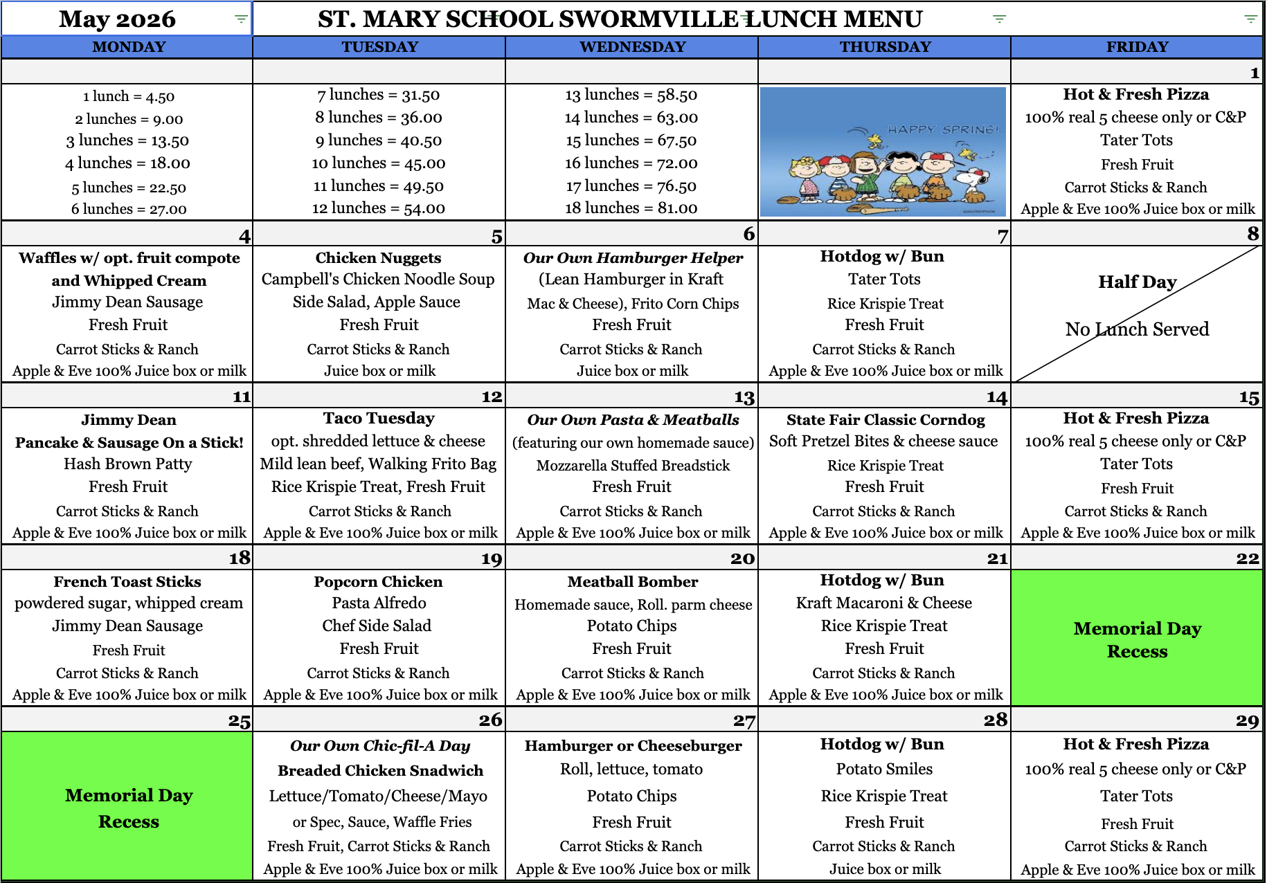 May  Lunch Menu