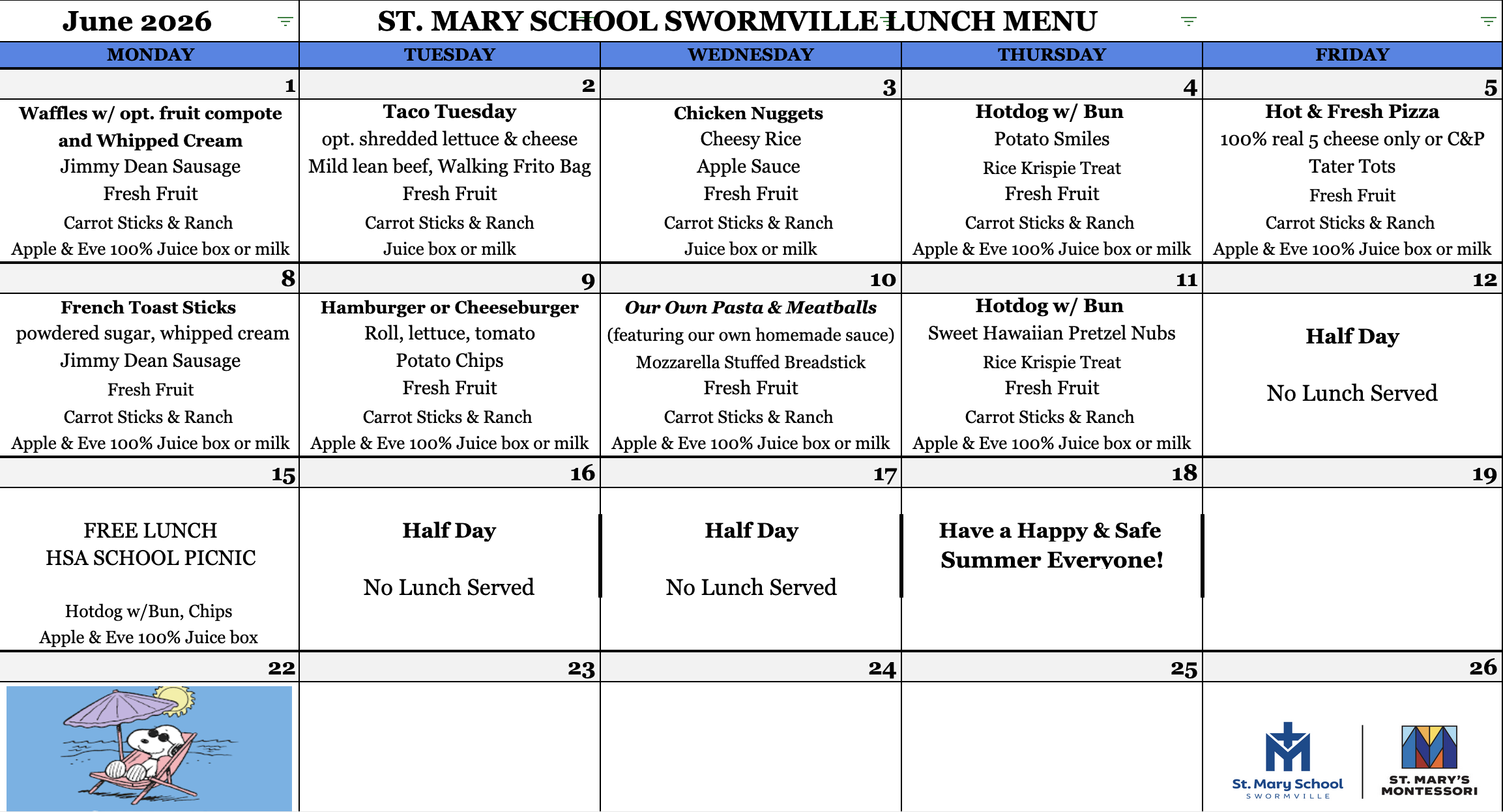 June Lunch Menu