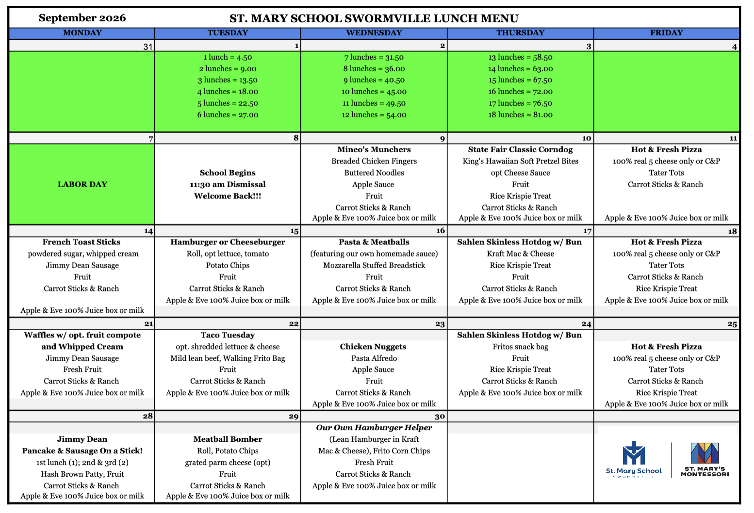 Sept. Lunch Menu