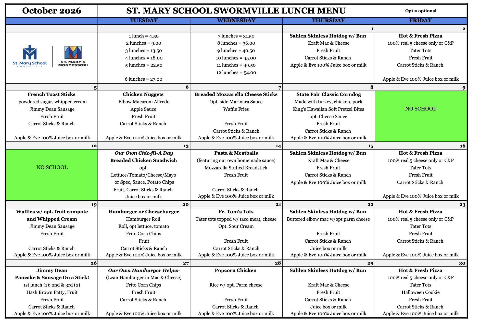 Oct. Lunch Menu