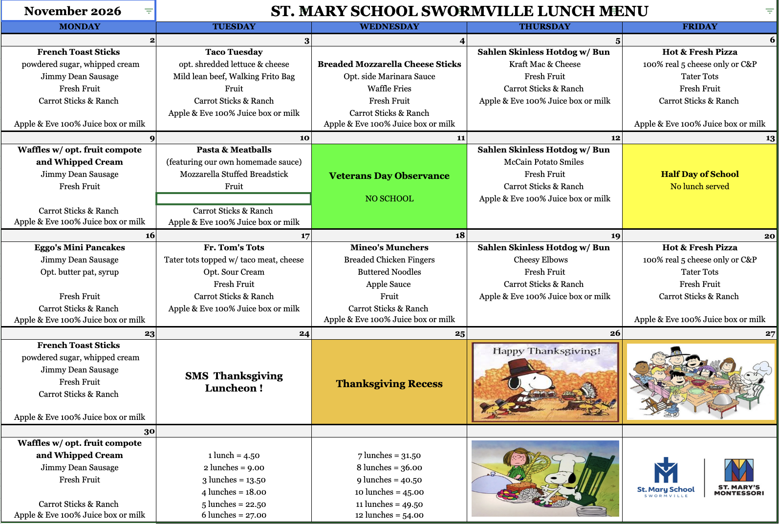 Nov.  Lunch Menu