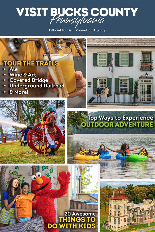 Flyer encouraging visitors to come to Bucks County; includes images of people canoeing, beer pouring, and children standing with Elmo