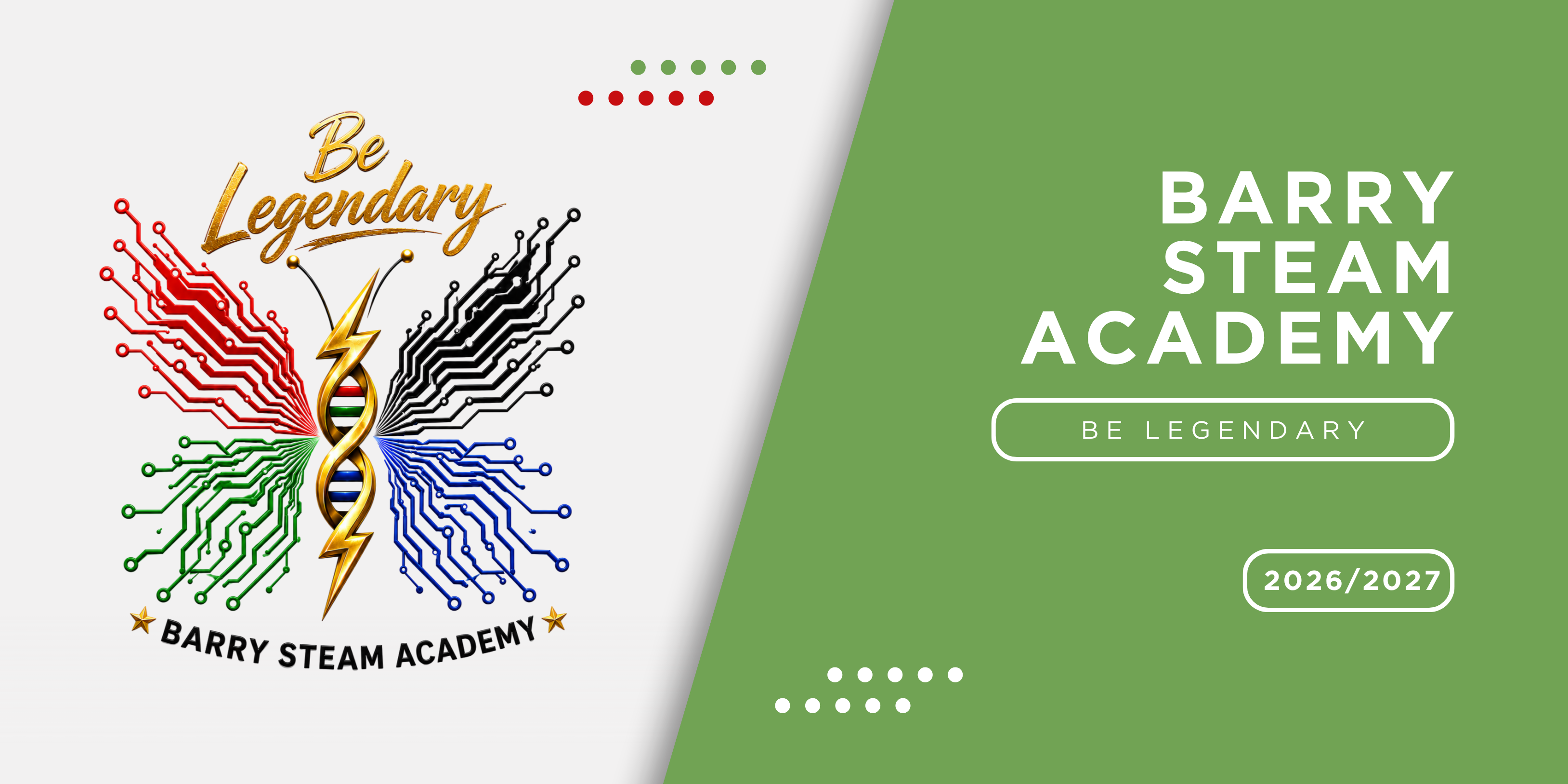 A green and white graphic with text and a logo for Barry Steam Academy. The logo features a butterfly with a DNA strand and lightning bolt.